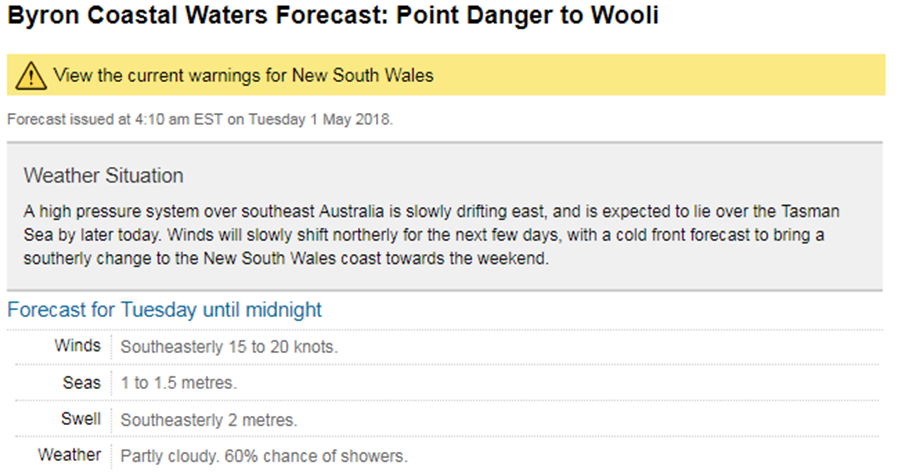 Web screen shot of a coastal waters forecast